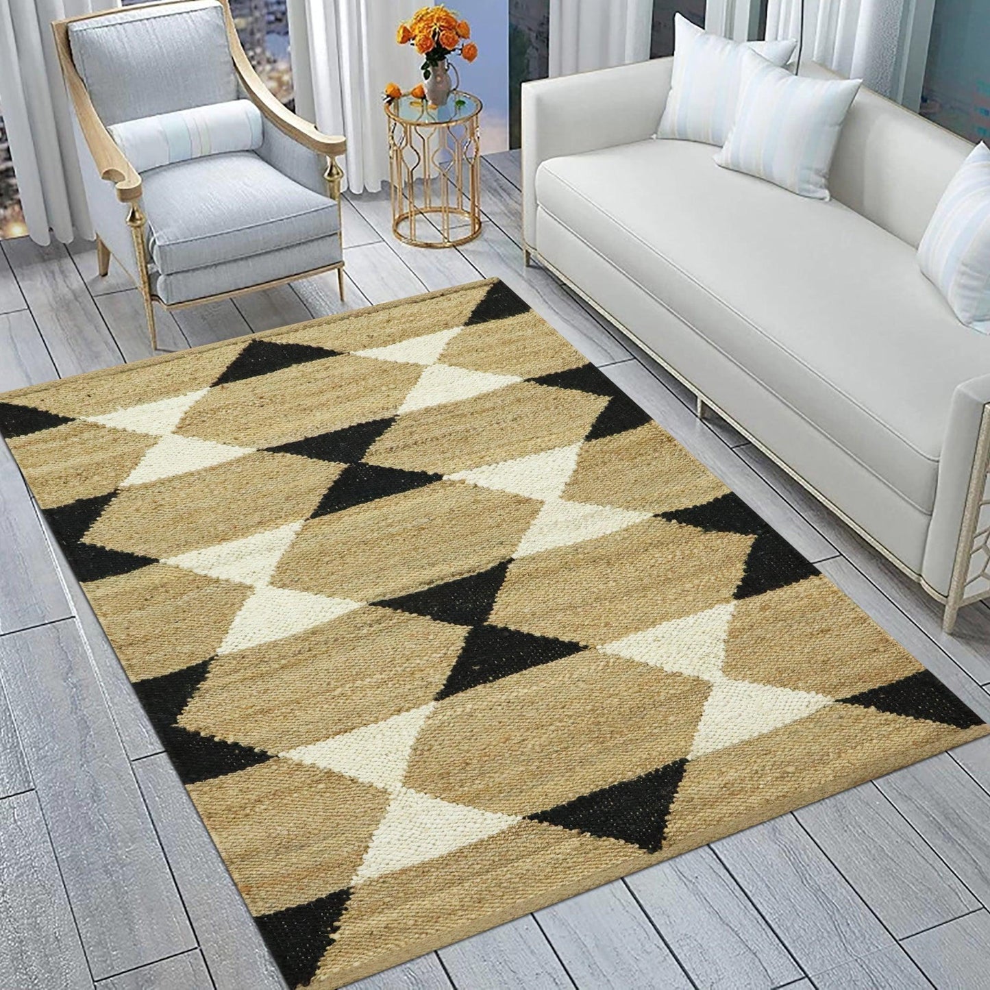 Beige Black Hand Woven Trendy Farm House Jute Rug