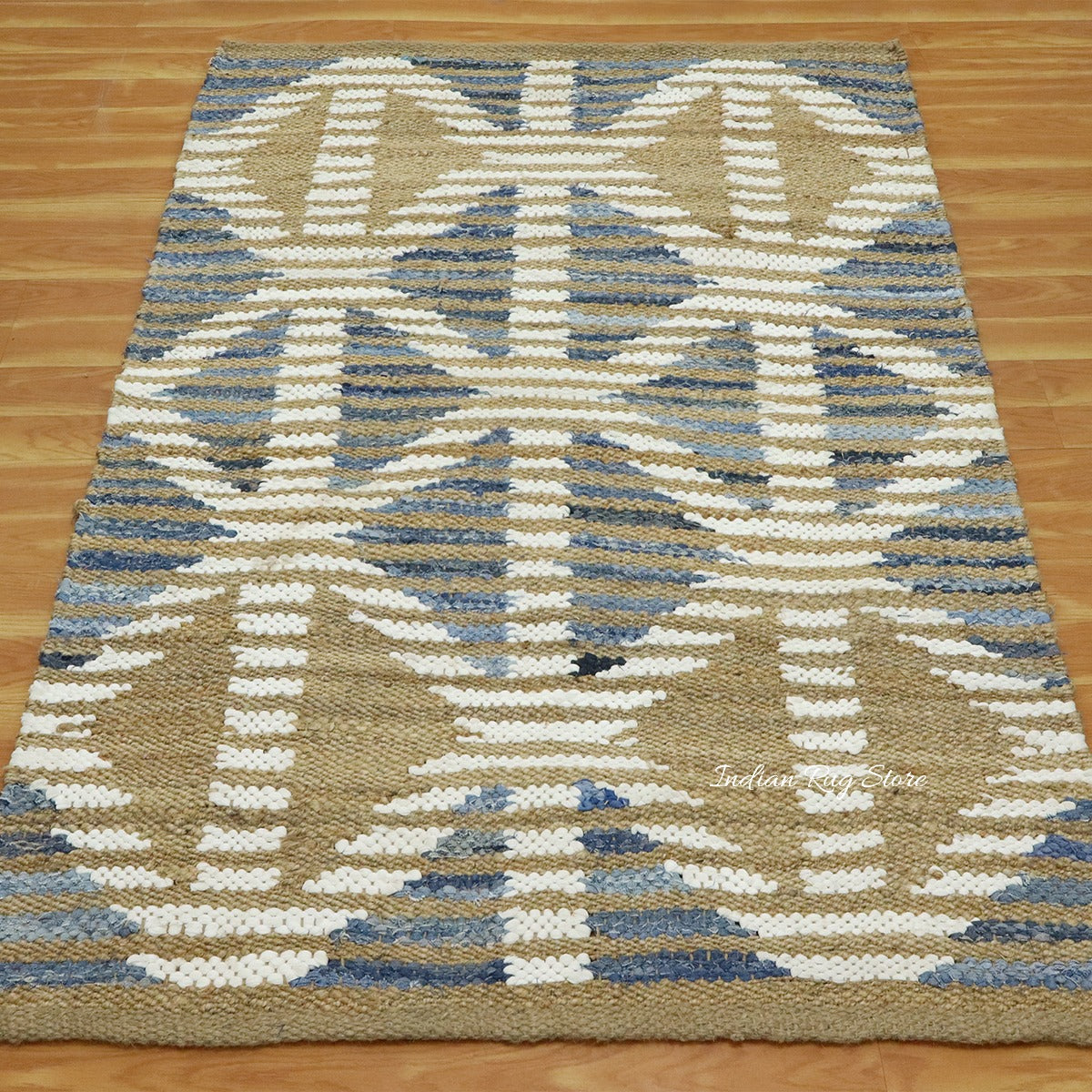 Beautiful Hand Woven Beige Blue Bedroom Decor Jute Rug