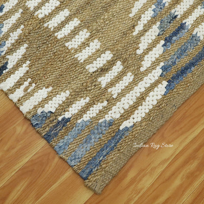 Beautiful Hand Woven Beige Blue Bedroom Decor Jute Rug