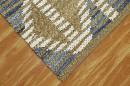 Beautiful Hand Woven Beige Blue Bedroom Decor Jute Rug