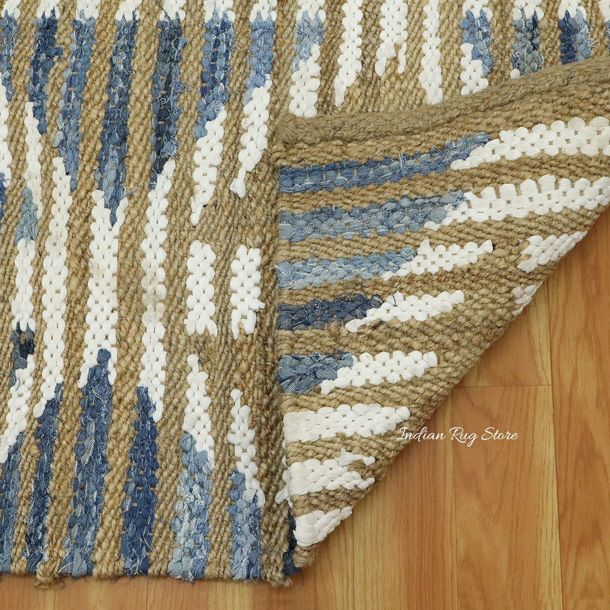 Beautiful Hand Woven Beige Blue Bedroom Decor Jute Rug