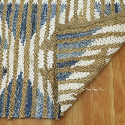 Beautiful Hand Woven Beige Blue Bedroom Decor Jute Rug