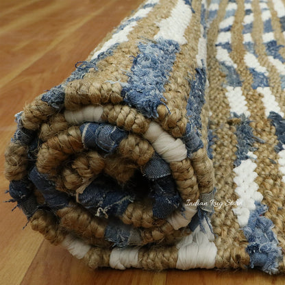 Beautiful Hand Woven Beige Blue Bedroom Decor Jute Rug