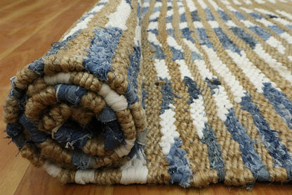 Beautiful Hand Woven Beige Blue Bedroom Decor Jute Rug