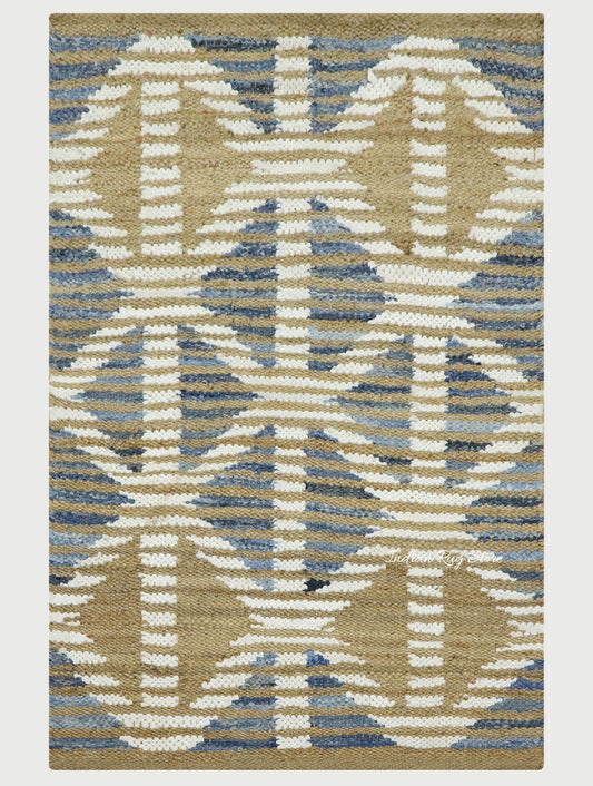 Beautiful Hand Woven Beige Blue Bedroom Decor Jute Rug