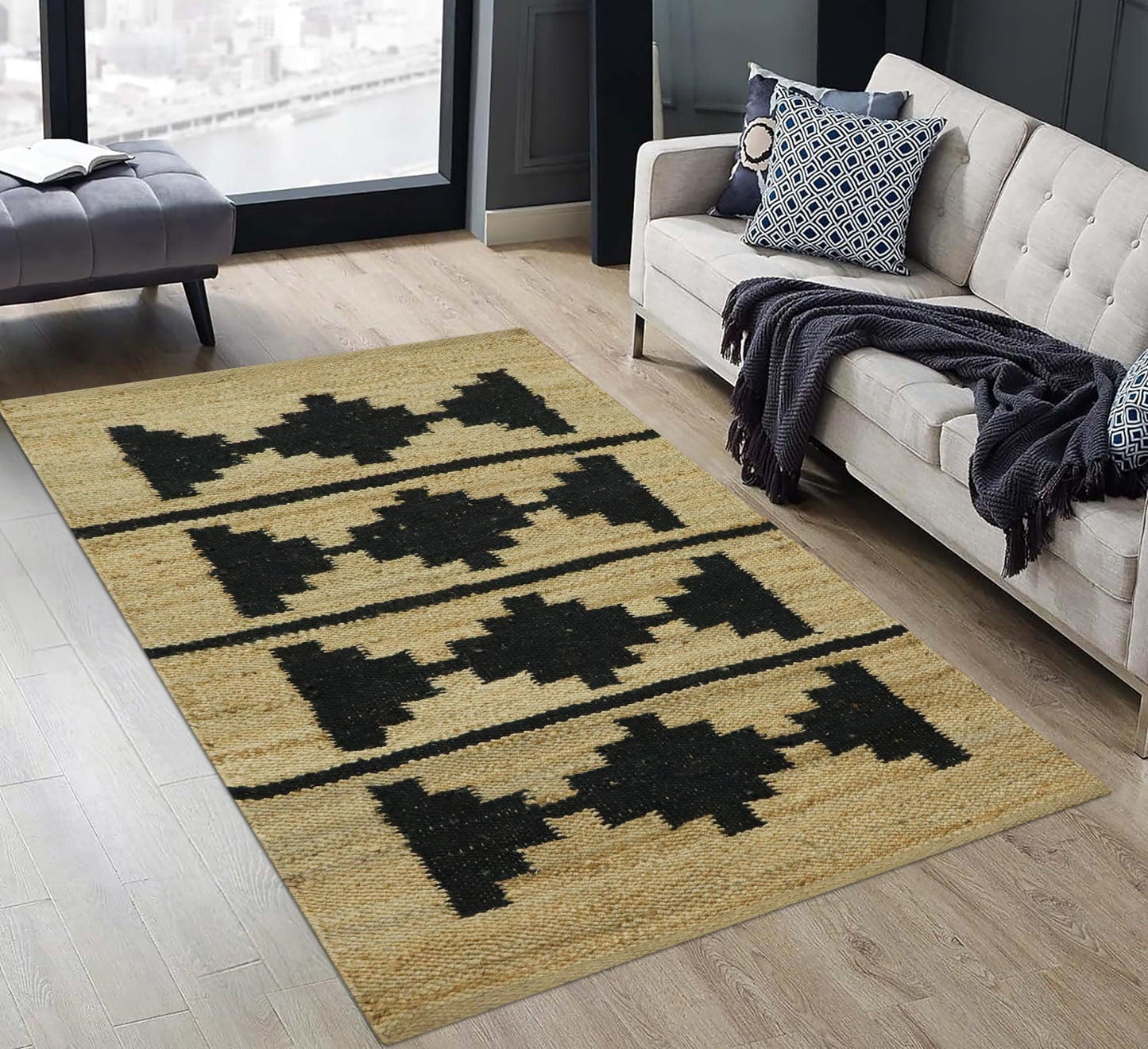 Beautiful Hand Woven Beige Black Bedroom Decor Jute Rug