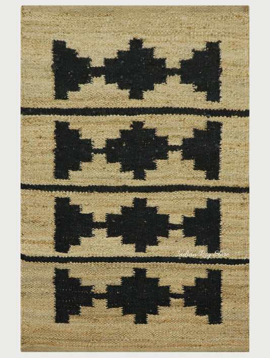 Beautiful Hand Woven Beige Black Bedroom Decor Jute Rug