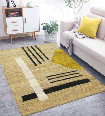 Beige Black Hand Woven Oriental Sea House Jute Rug