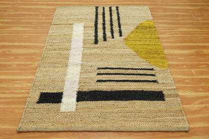 Beige Black Hand Woven Oriental Sea House Jute Rug