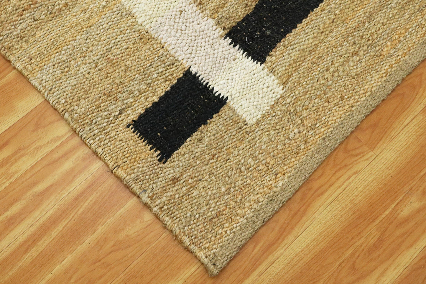 Beige Black Hand Woven Oriental Sea House Jute Rug