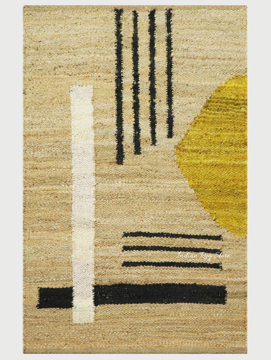 Beige Black Hand Woven Oriental Sea House Jute Rug