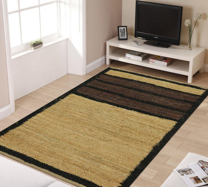 Traditional Beige Black Hand Woven Indoor Jute Rug