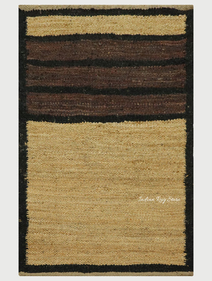 Traditional Beige Black Hand Woven Indoor Jute Rug