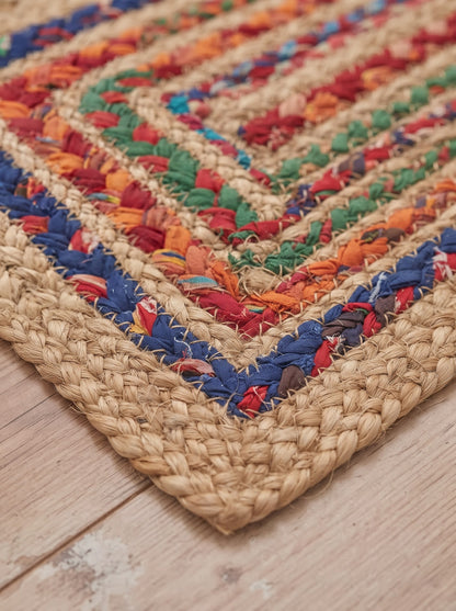 Multicolor Boho Jute Stair Treads | Hand Braided Runner, Recycled Cotton Hallway Rug
