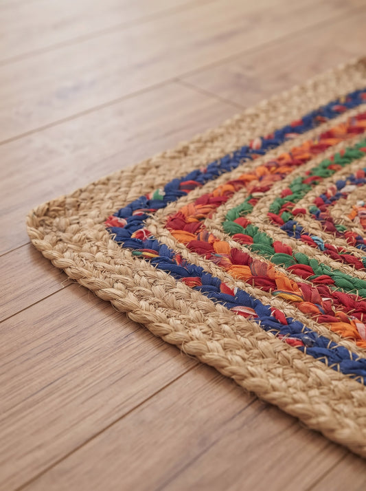 Multicolor Boho Jute Stair Treads | Hand Braided Runner, Recycled Cotton Hallway Rug