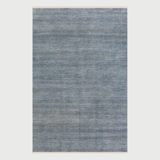 Hand Knotted Soft Wool Blue Striped Dining Area Rug - Indian Rug Store