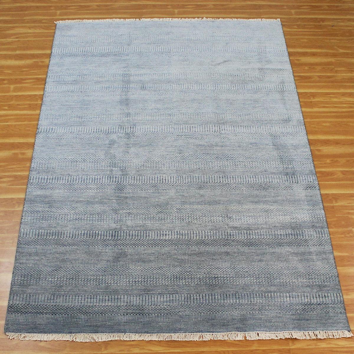 Hand Knotted Soft Wool Blue Striped Dining Area Rug - Indian Rug Store