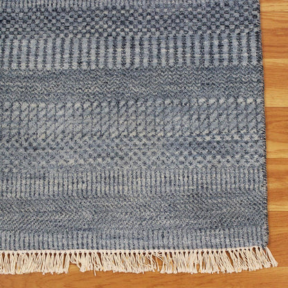 Hand Knotted Soft Wool Blue Striped Dining Area Rug - Indian Rug Store