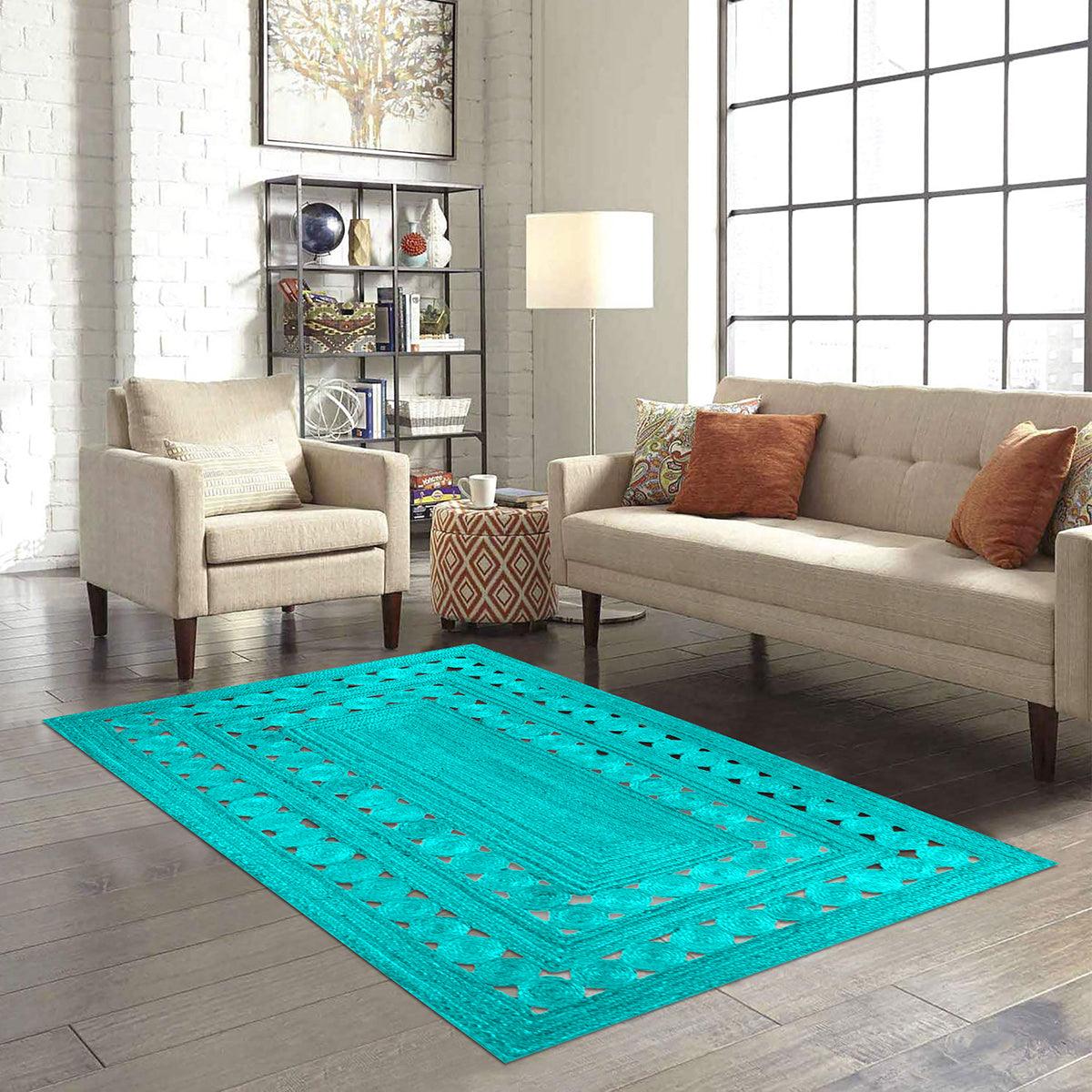 Indian Handmade Solid Turquoise Jute Dining Large Area Rug - Indian Rug Store