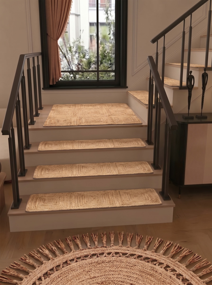 Natural Jute Stair Treads, Handwoven Geometric Square Tile Pattern, Farmhouse Boho Mats
