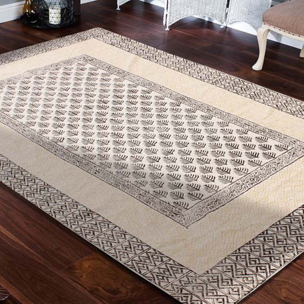 Refined Black Beige Hand Block Print Cotton Home Decor Area Rug - Indian Rug Store