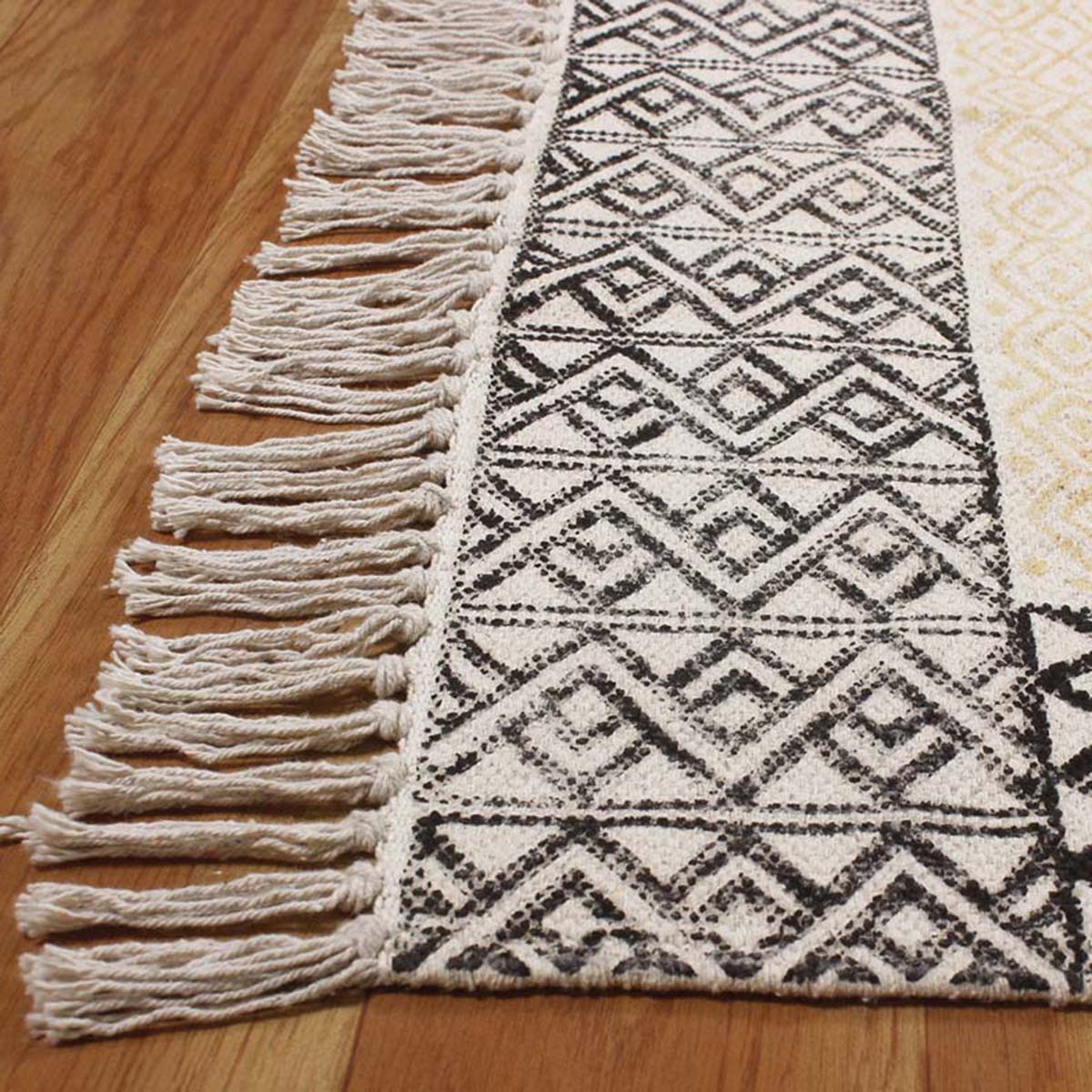 Refined Black Beige Hand Block Print Cotton Home Decor Area Rug - Indian Rug Store