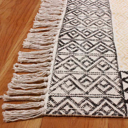 Refined Black Beige Hand Block Print Cotton Home Decor Area Rug - Indian Rug Store