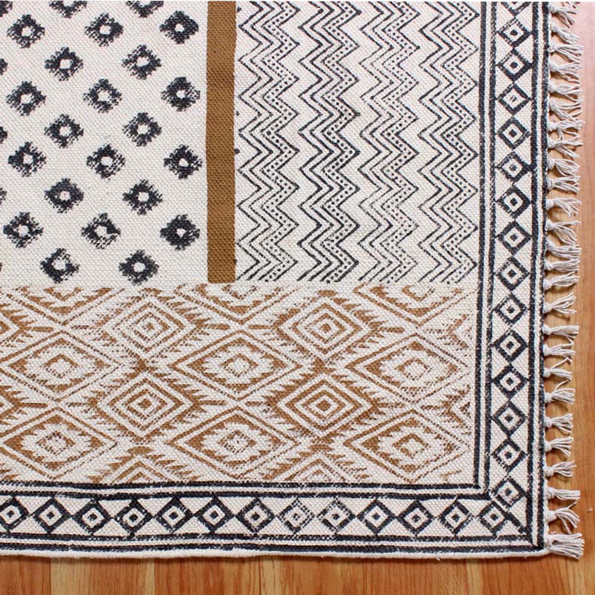 Natural Fibre Hand Block Cotton Print Black White Abstract Area Rug - Indian Rug Store