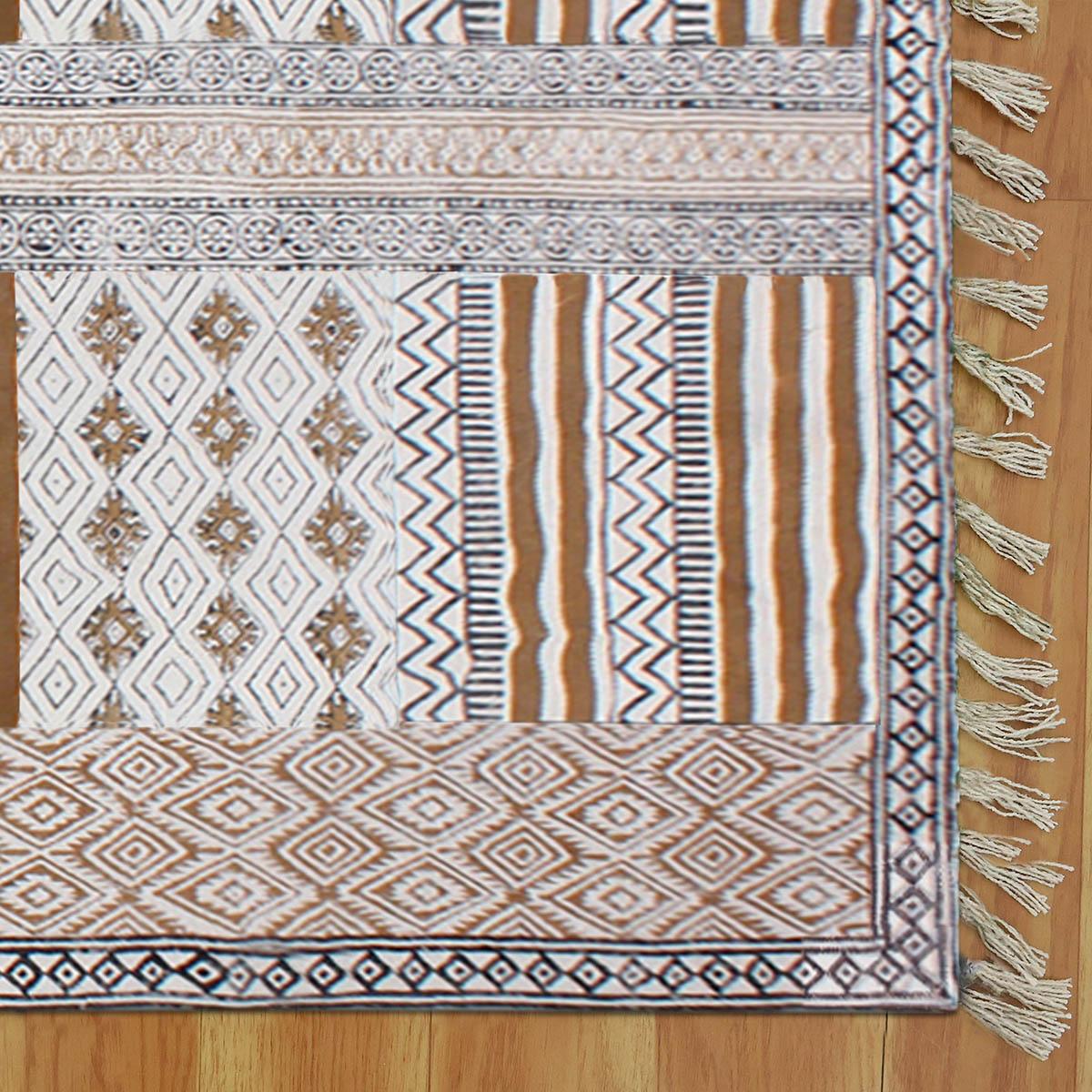 Hand Block Printed Brown Home Decor Cotton Dhurries