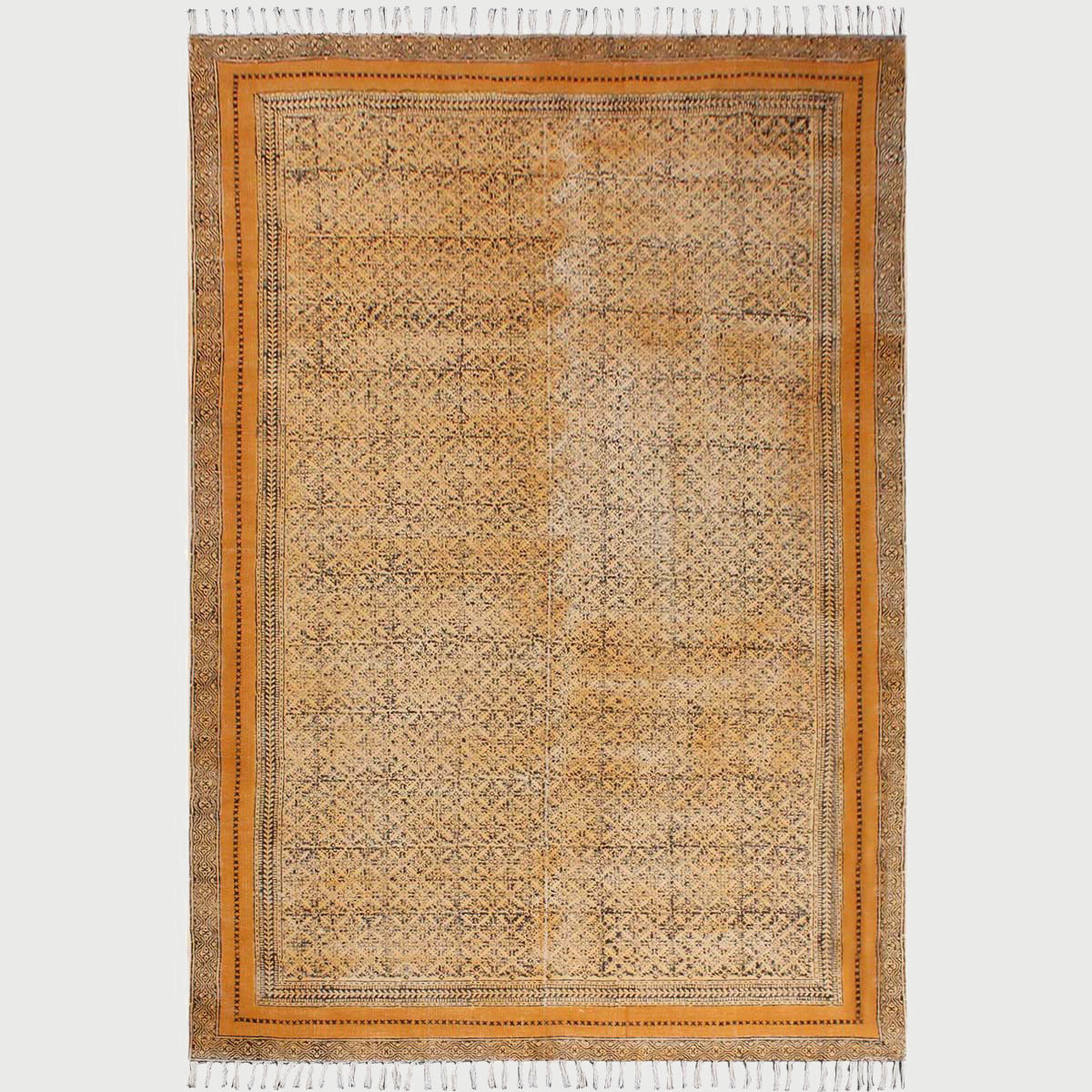 Eco Friendly Hand Block Print Cotton Bronze Bordered Area Rug - Indian Rug Store