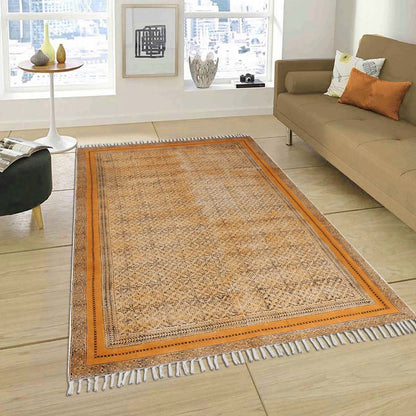 Eco Friendly Hand Block Print Cotton Bronze Bordered Area Rug - Indian Rug Store