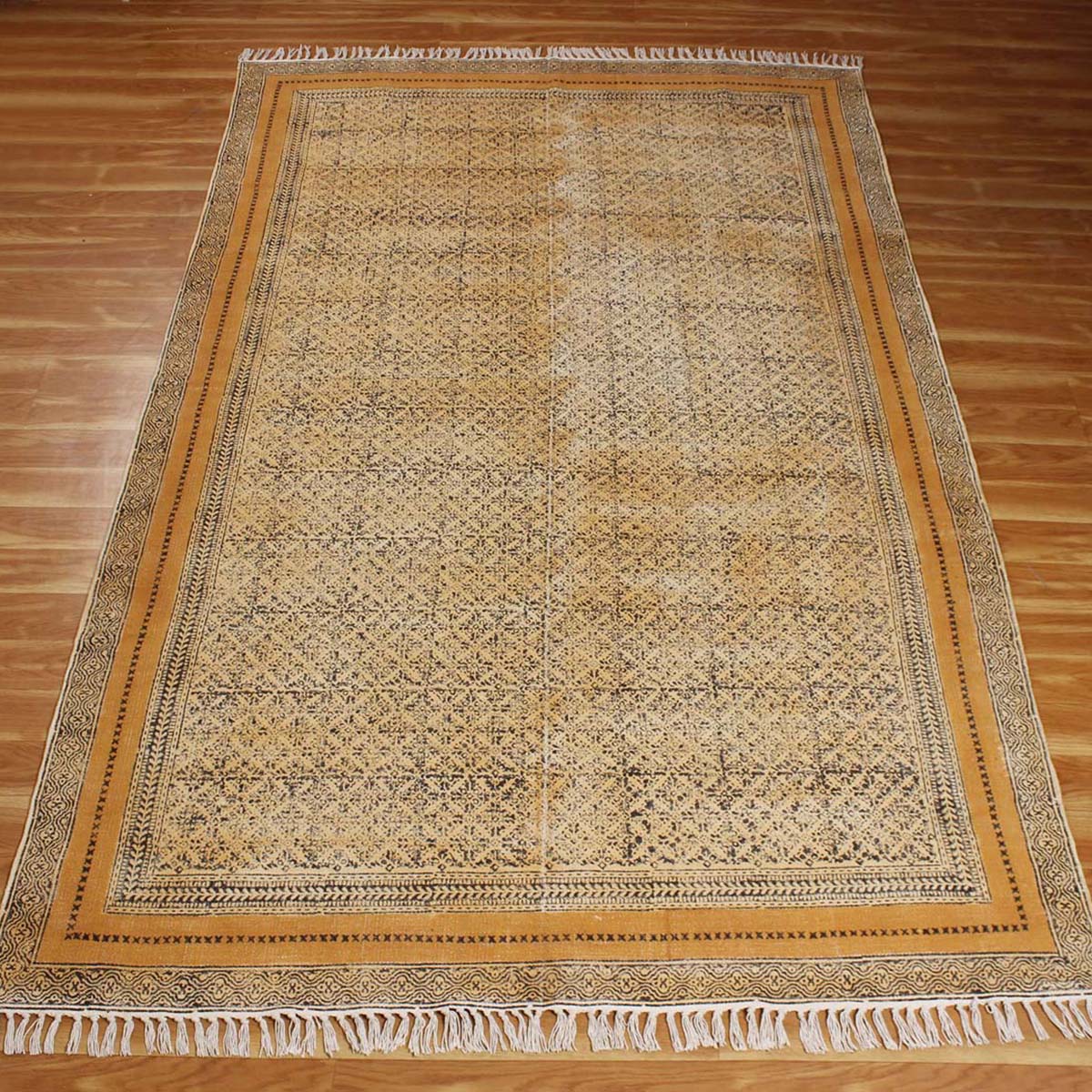 Eco Friendly Hand Block Print Cotton Bronze Bordered Area Rug - Indian Rug Store