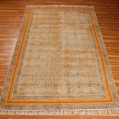 Eco Friendly Hand Block Print Cotton Bronze Bordered Area Rug - Indian Rug Store