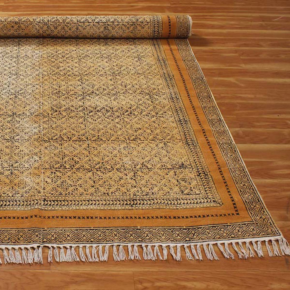 Eco Friendly Hand Block Print Cotton Bronze Bordered Area Rug - Indian Rug Store