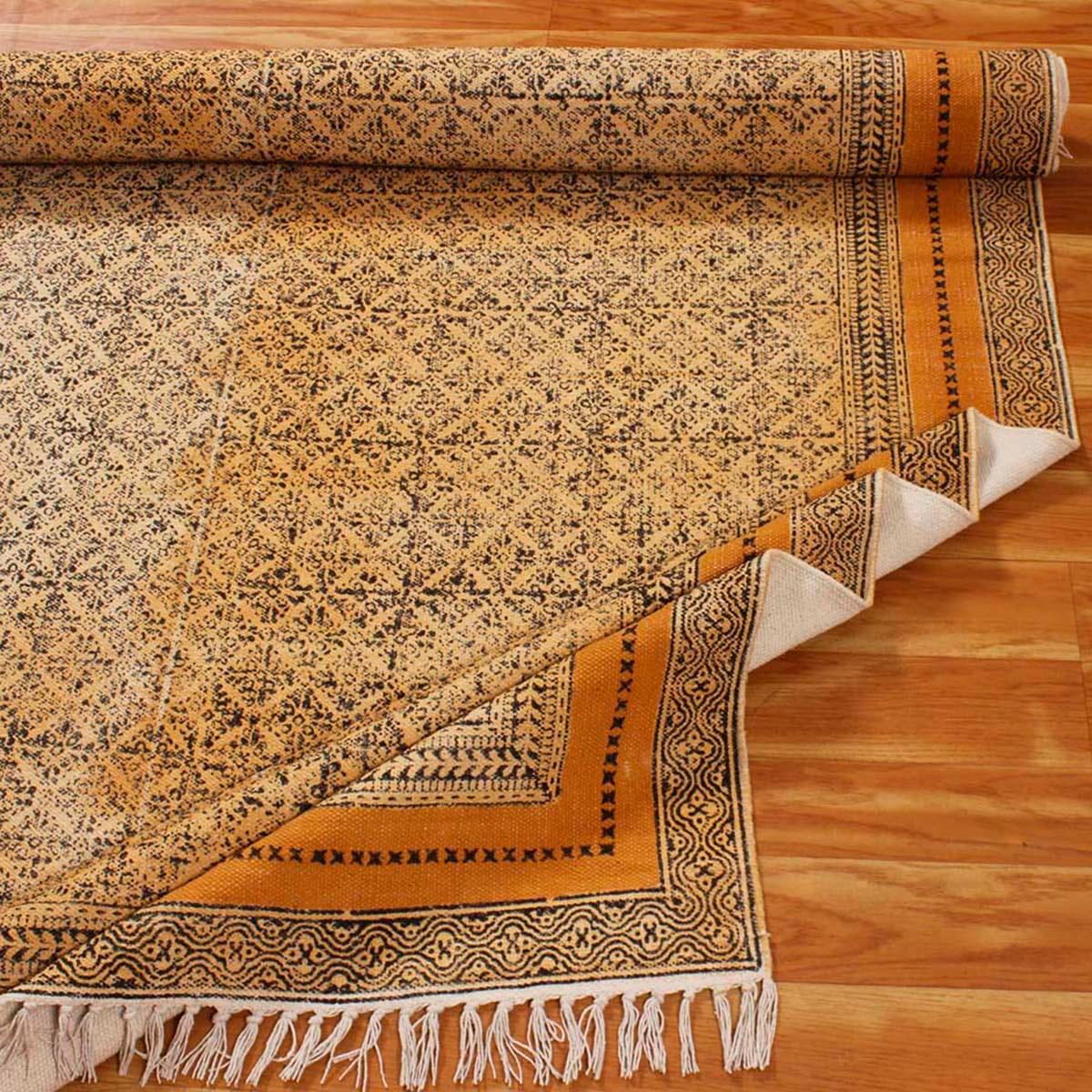 Eco Friendly Hand Block Print Cotton Bronze Bordered Area Rug - Indian Rug Store