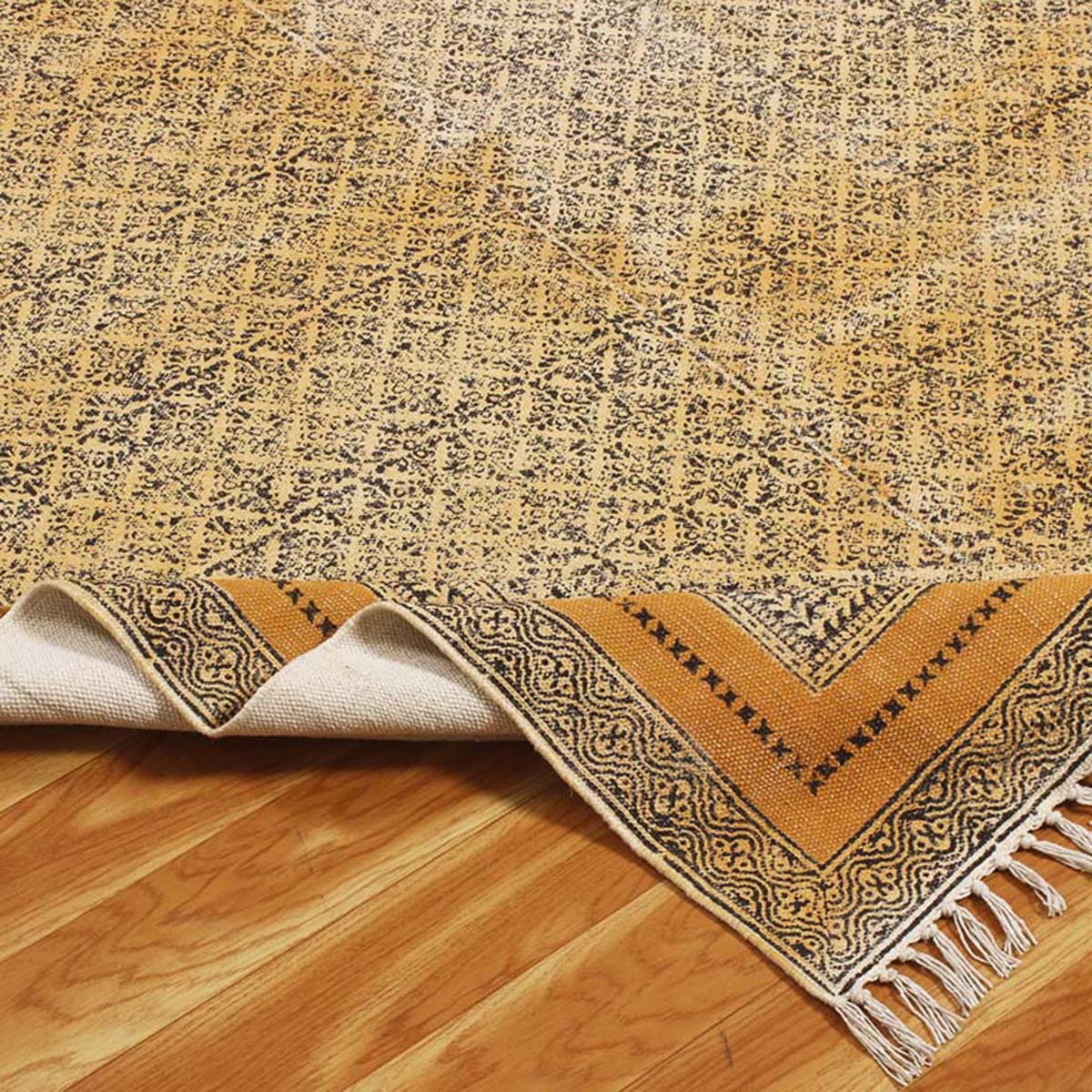 Eco Friendly Hand Block Print Cotton Bronze Bordered Area Rug - Indian Rug Store