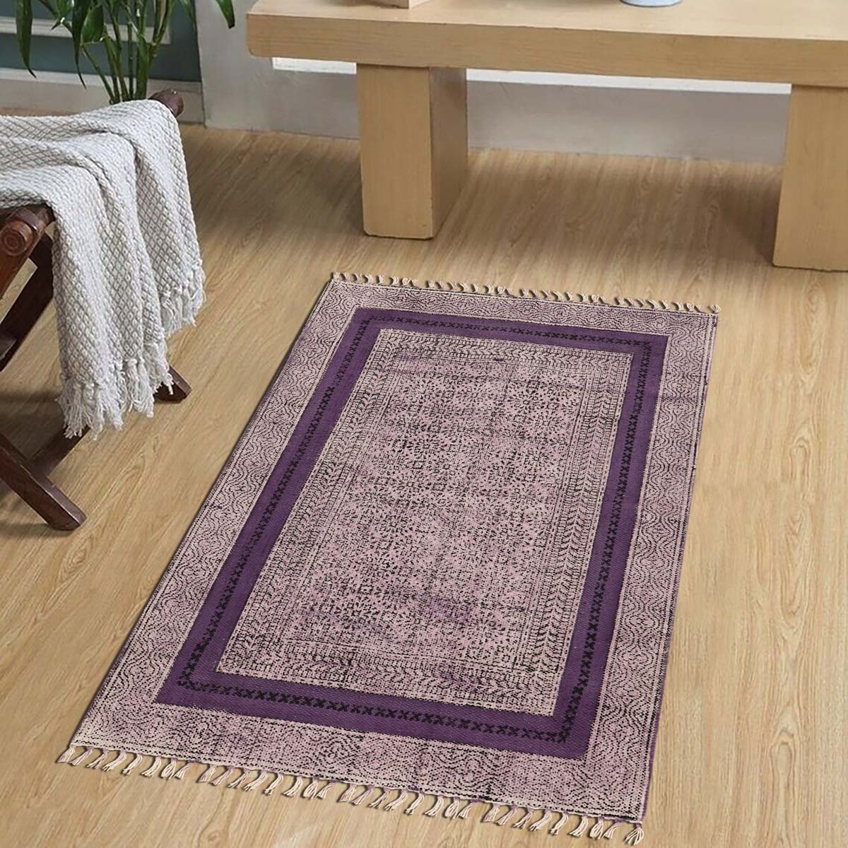 Indian Home Decor Cotton Printed Purple Bordered Area Rug - Indian Rug Store