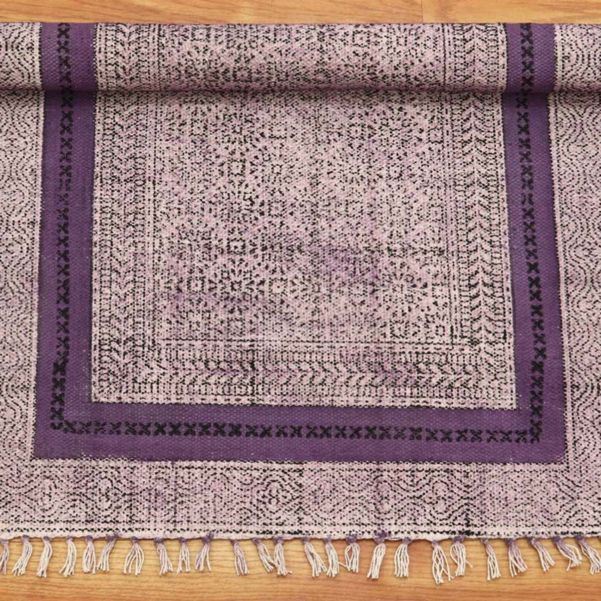 Indian Home Decor Cotton Printed Purple Bordered Area Rug - Indian Rug Store