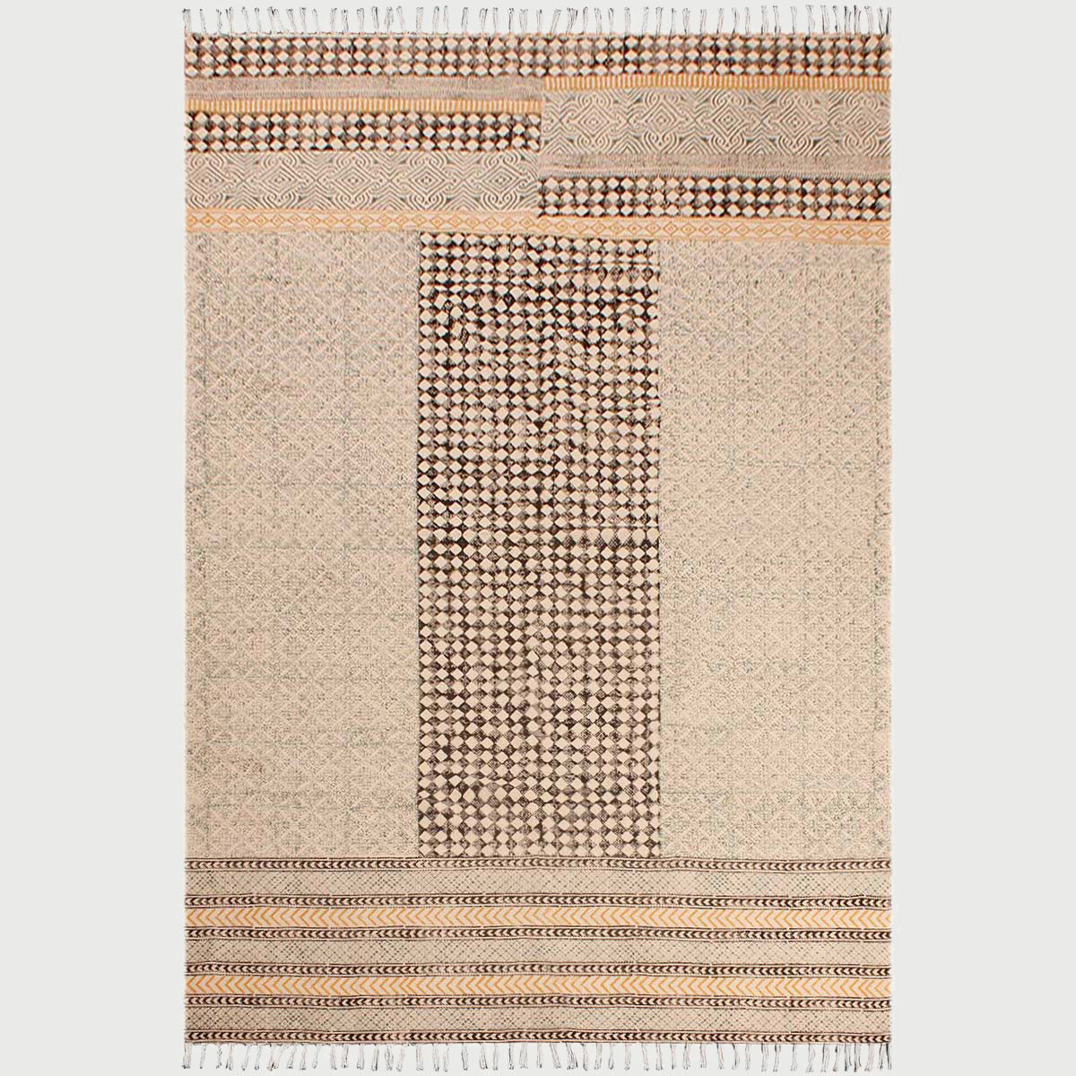 Irregular Hand Block Print Bars Cotton Black Beige Modern Area Rug - Indian Rug Store