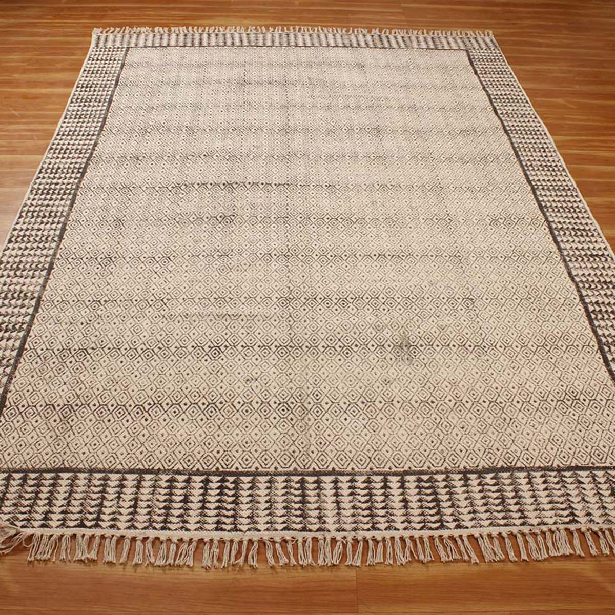 Hand Block Cotton Printed Bordered Beige Gray Home Decor Area Rug - Indian Rug Store