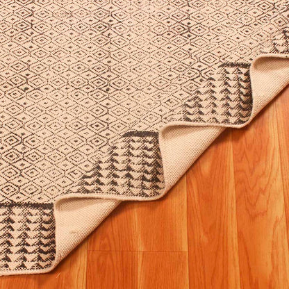 Hand Block Cotton Printed Bordered Beige Gray Home Decor Area Rug - Indian Rug Store