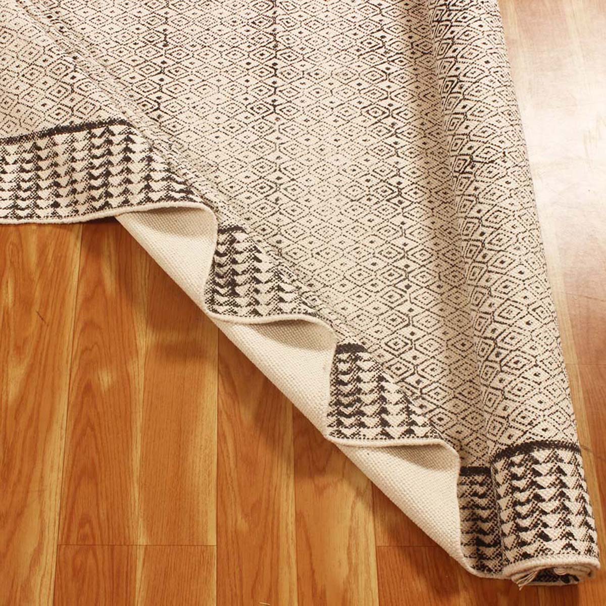 Hand Block Cotton Printed Bordered Beige Gray Home Decor Area Rug - Indian Rug Store