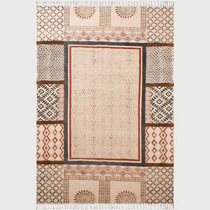 Hand Block Cotton Printed Bordered Beige Brown Farmhouse Area Rug - Indian Rug Store