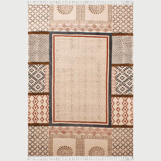 Hand Block Cotton Printed Bordered Beige Brown Farmhouse Area Rug - Indian Rug Store