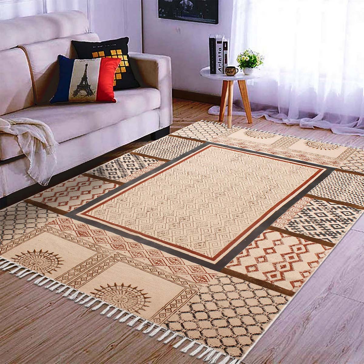 Hand Block Cotton Printed Bordered Beige Brown Farmhouse Area Rug - Indian Rug Store