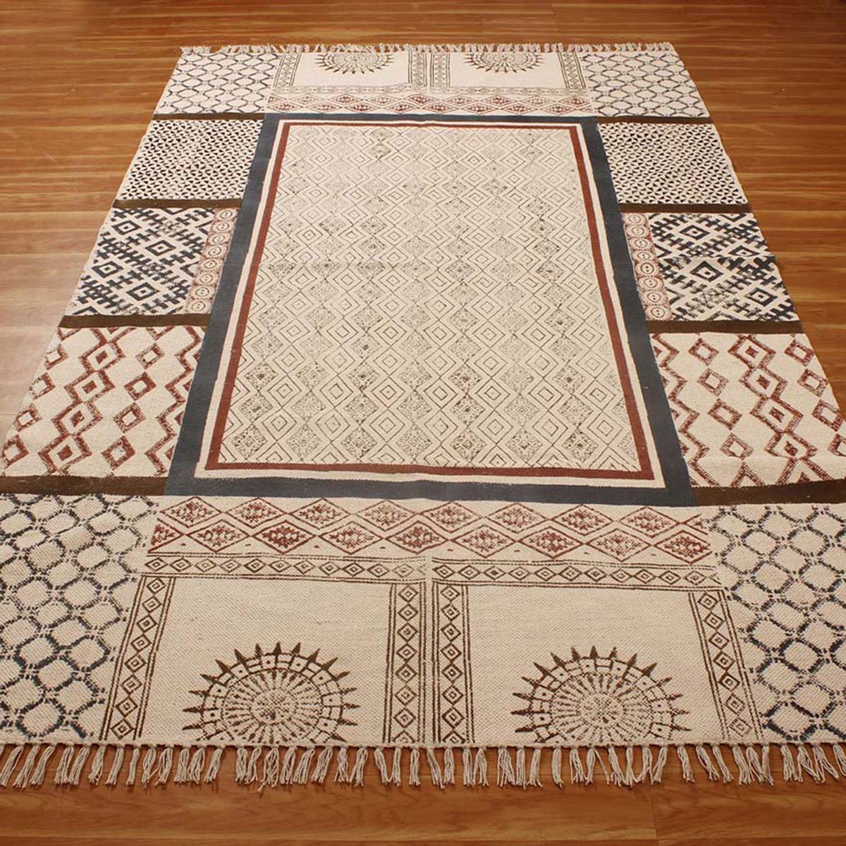 Hand Block Cotton Printed Bordered Beige Brown Farmhouse Area Rug - Indian Rug Store