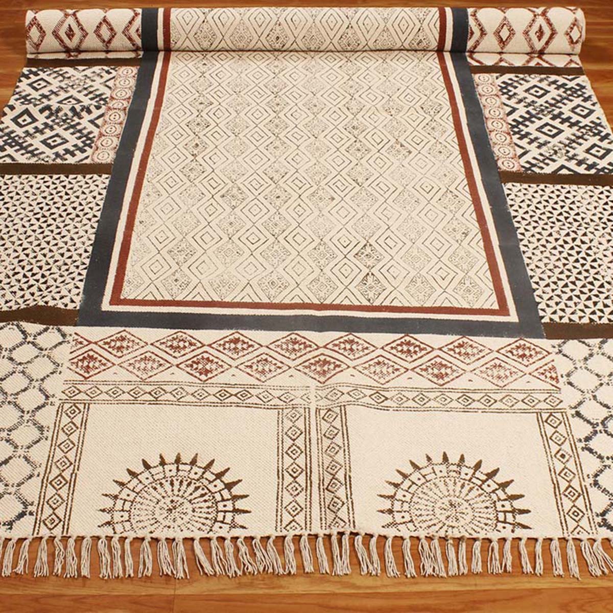 Hand Block Cotton Printed Bordered Beige Brown Farmhouse Area Rug - Indian Rug Store