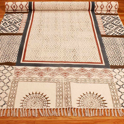 Hand Block Cotton Printed Bordered Beige Brown Farmhouse Area Rug - Indian Rug Store