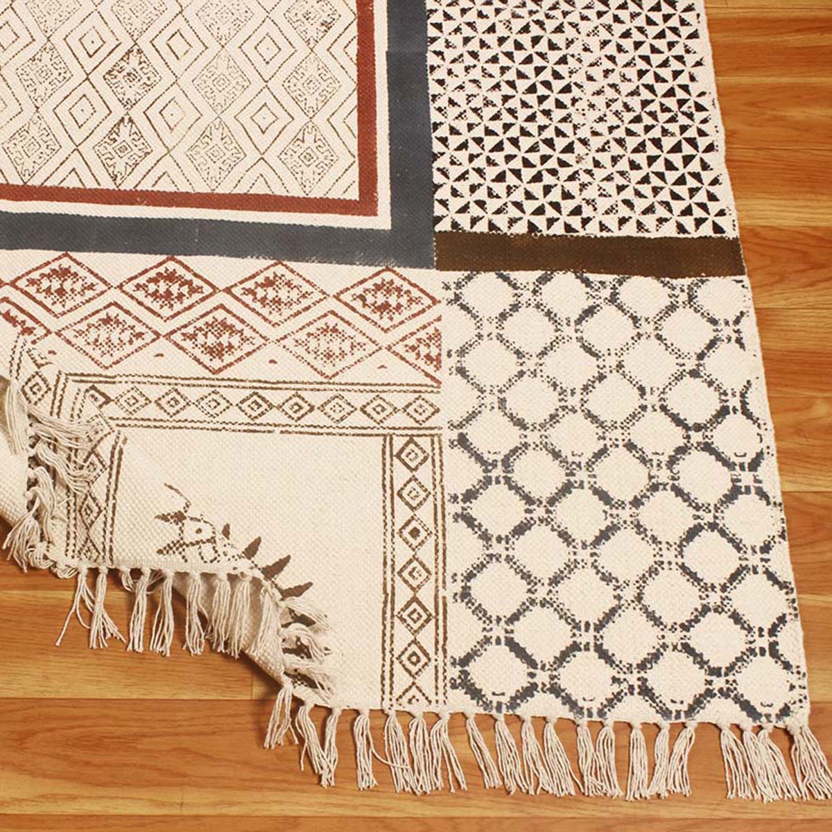 Hand Block Cotton Printed Bordered Beige Brown Farmhouse Area Rug - Indian Rug Store