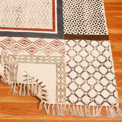 Hand Block Cotton Printed Bordered Beige Brown Farmhouse Area Rug - Indian Rug Store